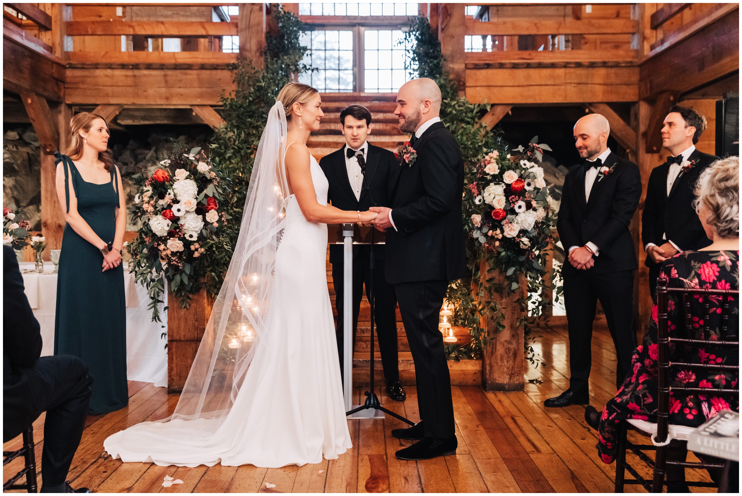 winter wedding ceremony in the barn at red lion in cohasset ma
